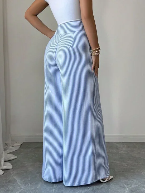 Blue And White Elegant Women's High-Waisted Slim Straight Pants - Picture 2 of 7